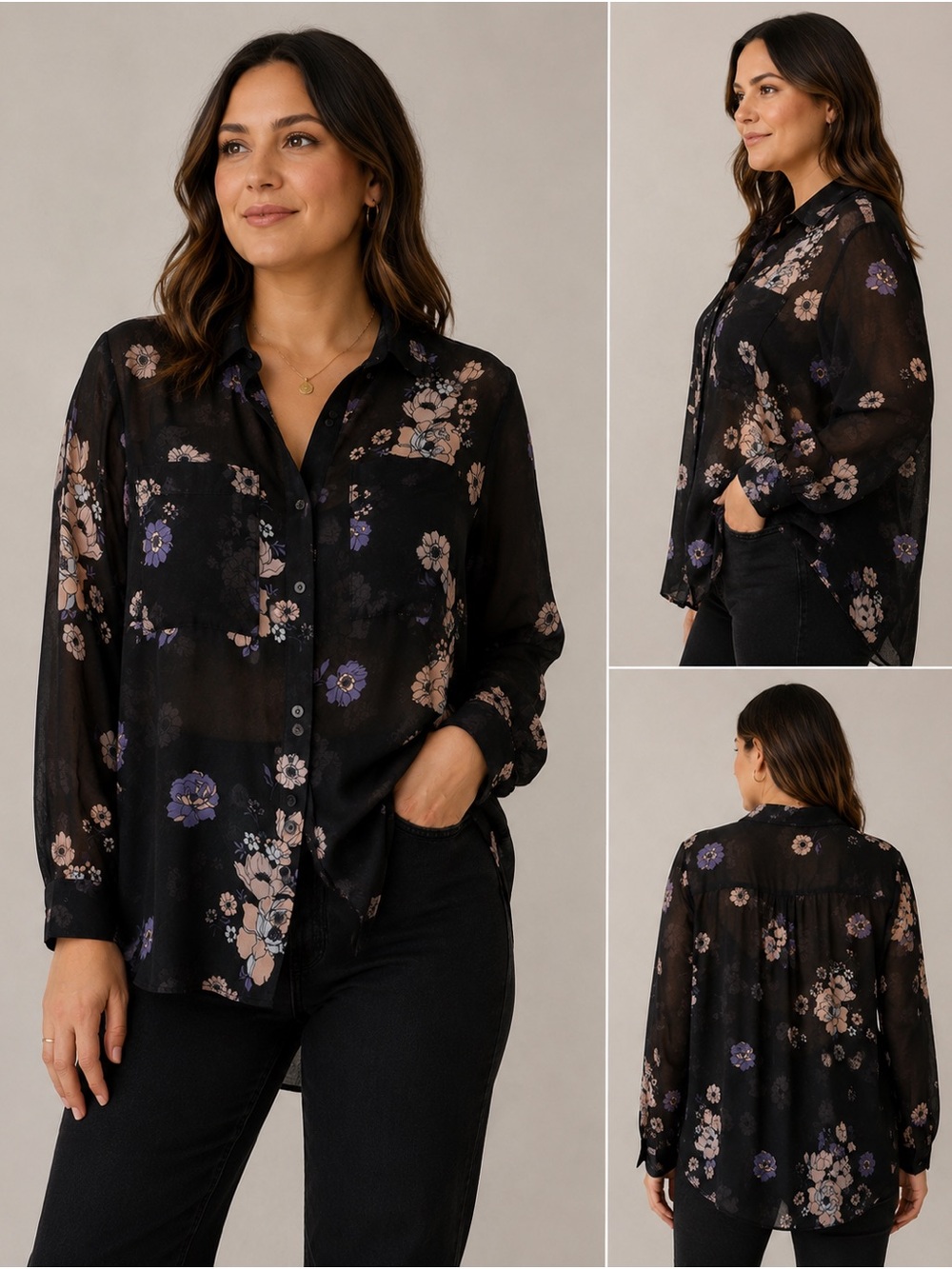 NWT cloth & stone Black Floral Button-Front Blouse XL - Picture 2 of 10